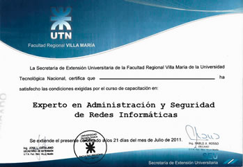 Certificado UTN FRVM - Experto en Administraci&oacute;n y Seguridad de Redes Inform&aacute;ticas