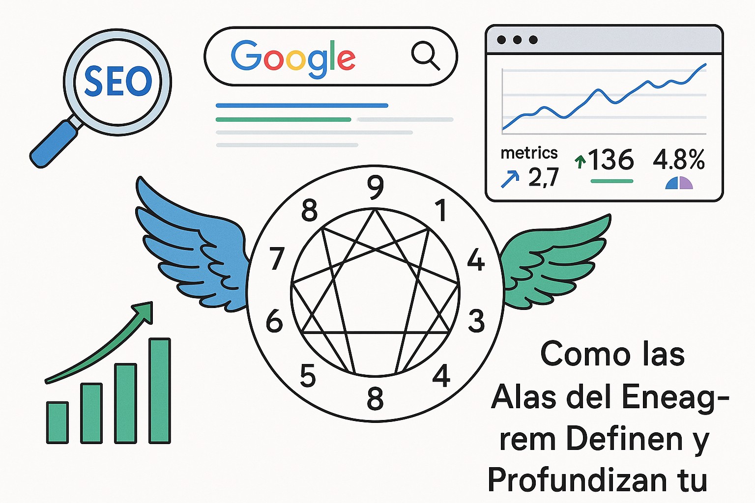 Ilustración de dos personas con personalidades diferentes pero el mismo eneatipo central, destacando la influencia de las alas
