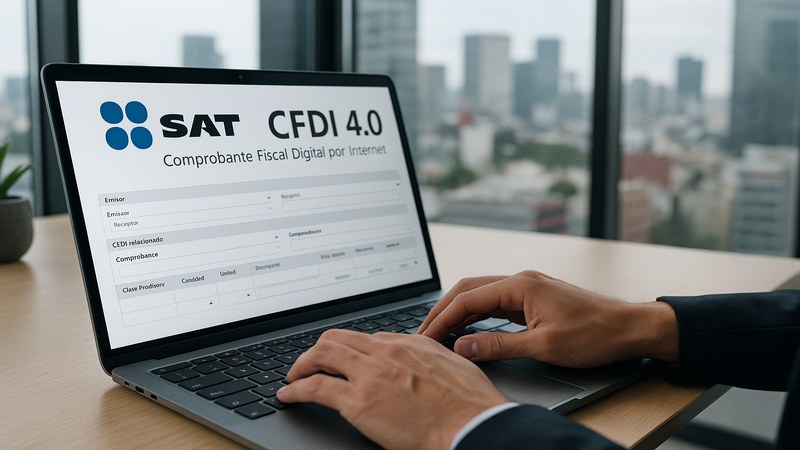 Asistente administrativo revisando documentos SAT CFDI en computadora