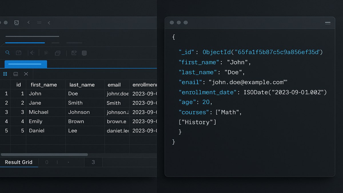 Diagrama visual de base de datos relacional con tablas, relaciones y consulta SQL en pantalla