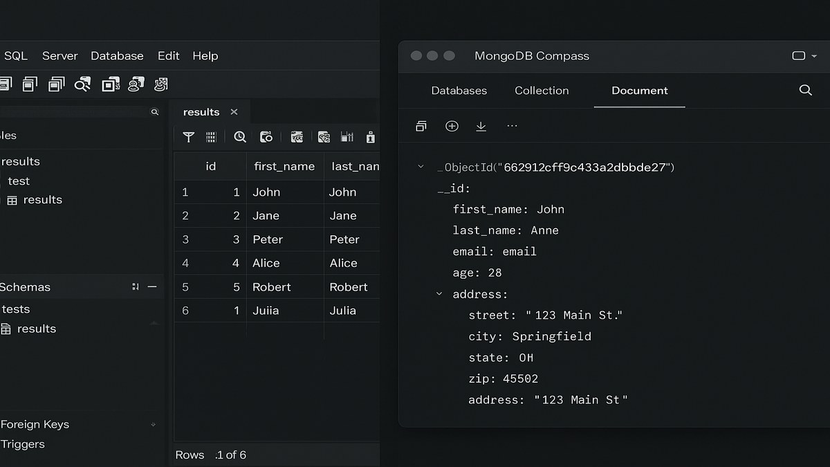 Comparación visual entre MySQL Workbench y MongoDB Compass, mostrando la diferencia entre filas de tabla y documentos JSON