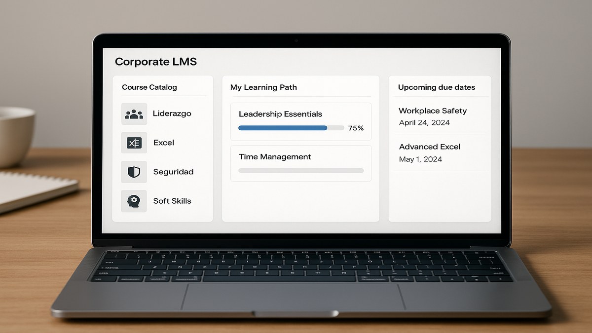 Plataforma LMS corporativa con catálogo de cursos, progreso del empleado y módulos de evaluación