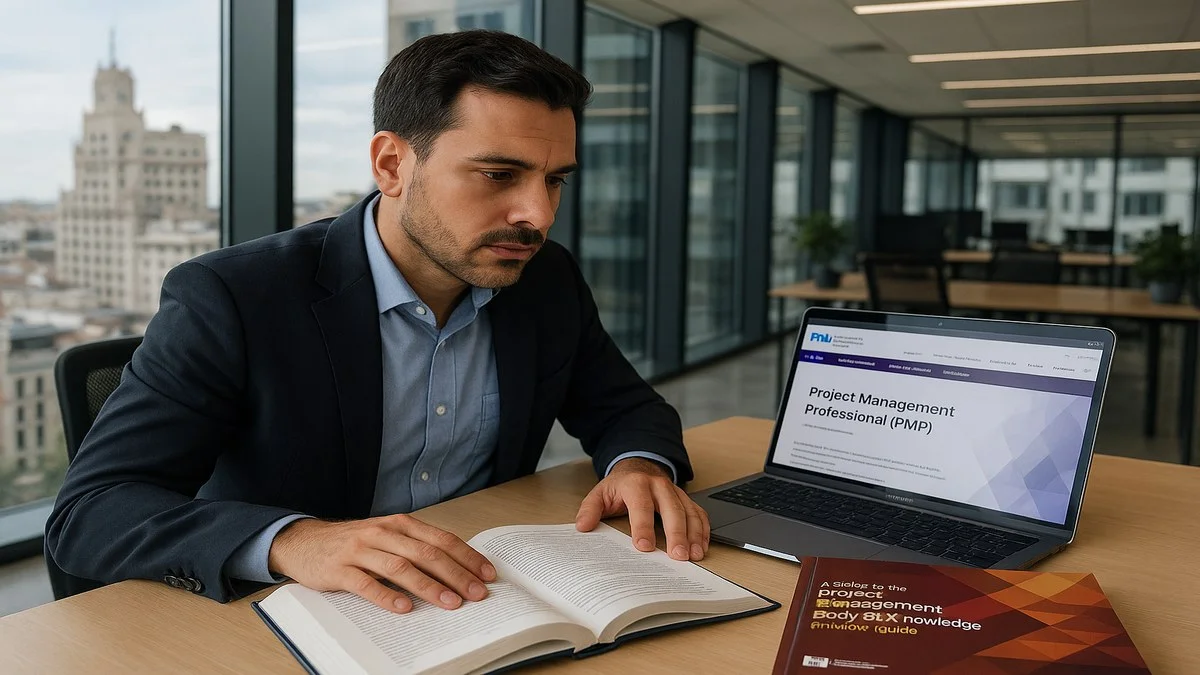Profesional estudiando para la certificaci&oacute;n PMP en Espa&ntilde;a 2026 en oficina moderna Madrid