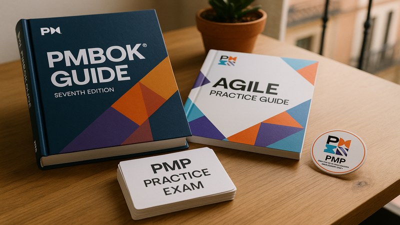 Libro de estudio PMBOK Guide y tarjeta de certificaci&oacute;n PMP sobre escritorio en Espa&ntilde;a 2026