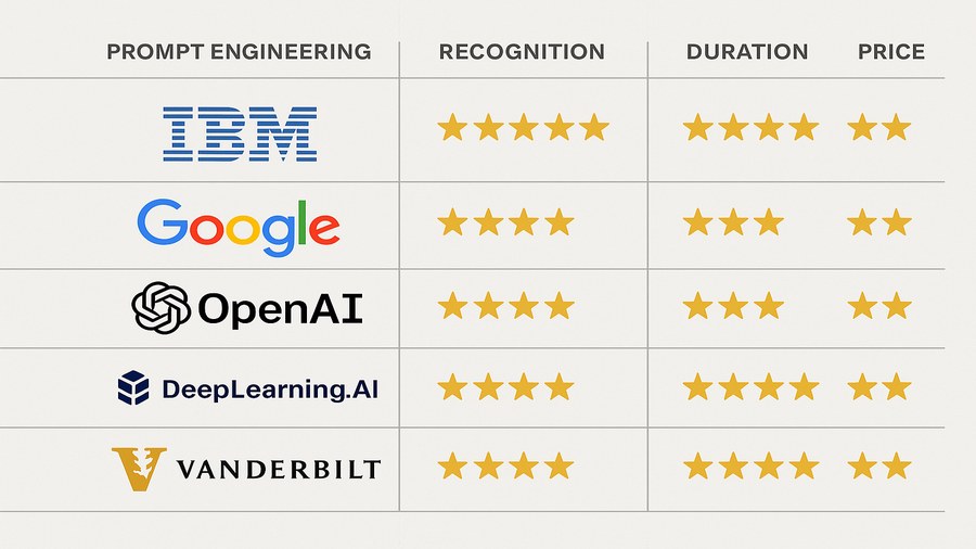 Comparativa de certificaciones en Prompt Engineering: IBM, Google, DeepLearning.AI y Vanderbilt con precios y reconocimiento en el mercado