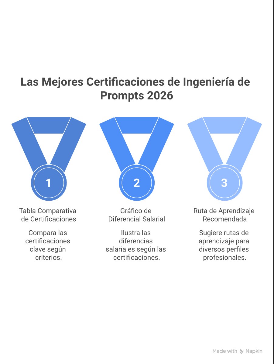 Infografía de certificaciones en Prompt Engineering 2026: comparativa de opciones, salarios con y sin certificación y ruta recomendada por perfil