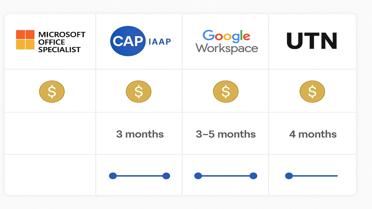 Tabla comparativa de certificaciones de secretariado: MOS, CAP, IAAP, UTN, tecnicaturas LATAM
