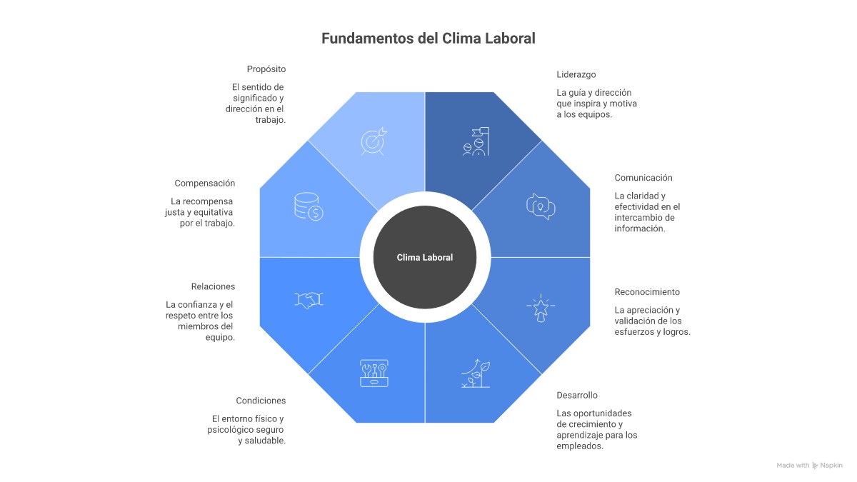 Infografía: 8 dimensiones del clima laboral y el protocolo post-encuesta para tomar acciones efectivas de mejora