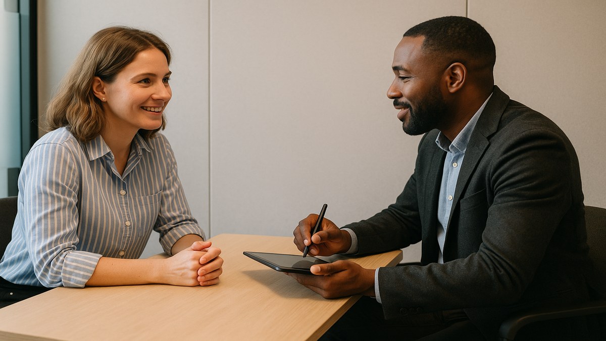 Sesión de feedback 1:1 entre manager y empleado en sala de reuniones con ambiente de confianza y notas de conversación
