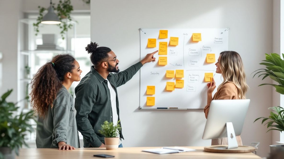 Emprendedor y su pequeño equipo revisando un tablero de tareas con procesos del negocio