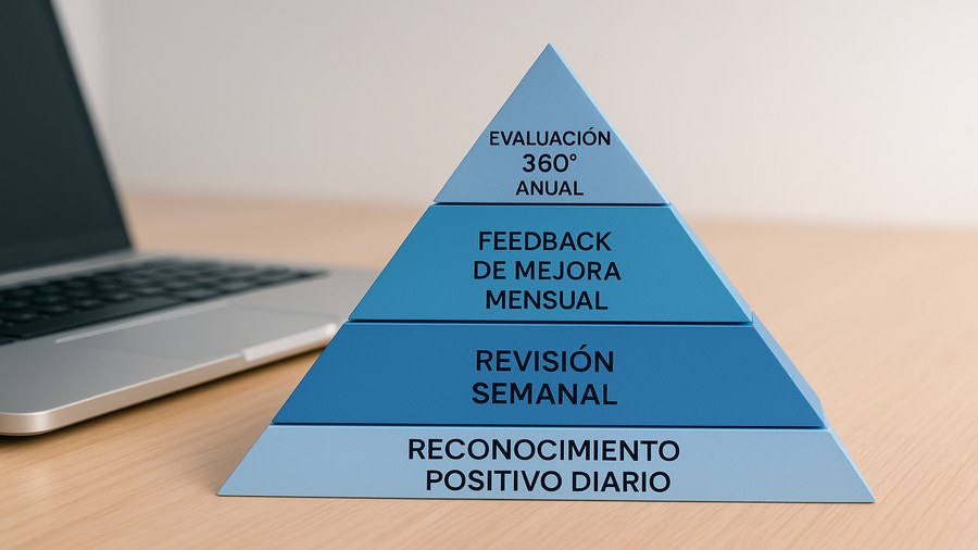 Pirámide de cadencia del feedback: diario positivo informal, semanal check-in, mensual SBI de mejora, semestral evaluación 360 grados