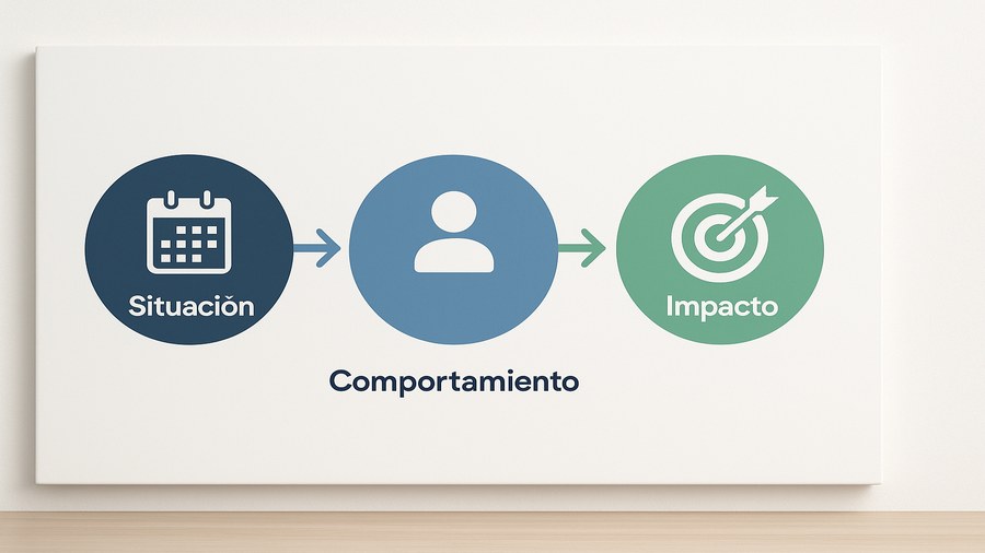 Diagrama del modelo SBI de feedback: tres pasos con Situación específica, Comportamiento observable e Impacto concreto