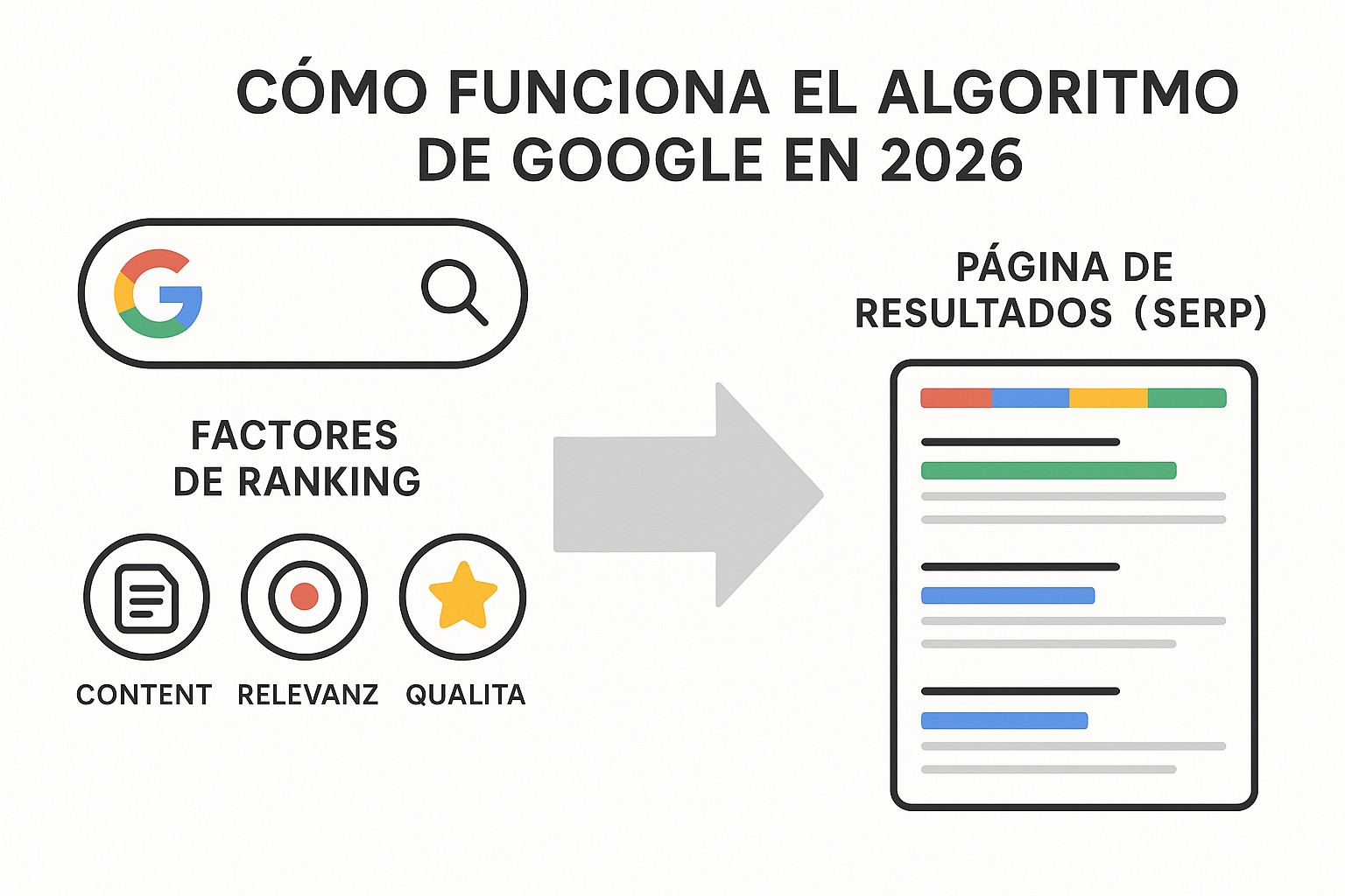 Representación visual de los principales factores de clasificación de Google: relevancia, autoridad y experiencia de usuario.