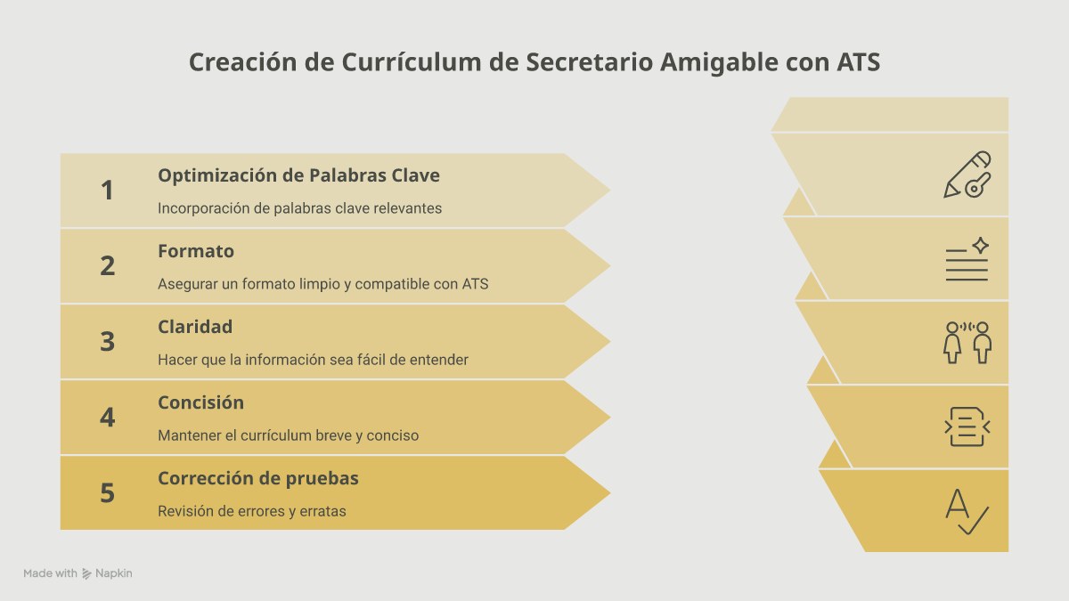 Infografía con los seis pasos para redactar un currículum de secretaria que supere los filtros ATS