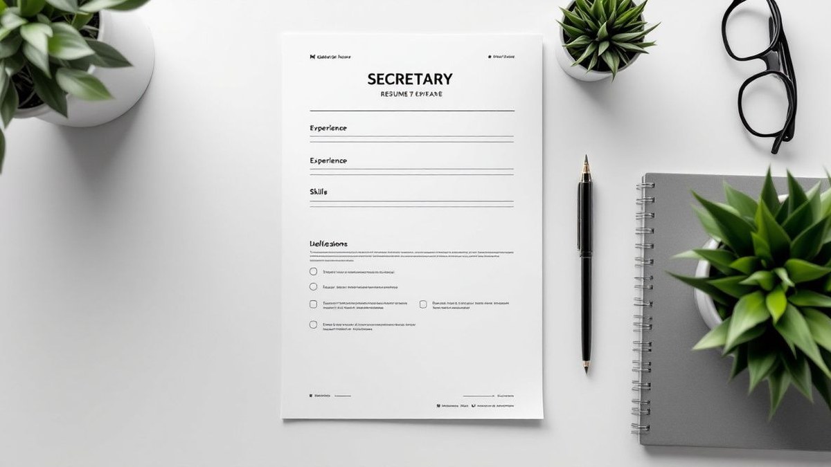 Maqueta de una plantilla de currículum de secretaria con secciones de perfil, experiencia y habilidades