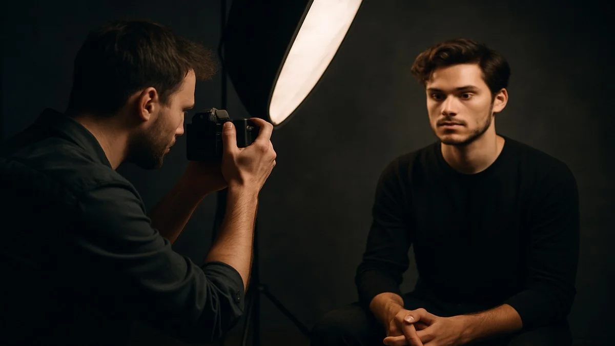 Fotógrafo profesional con cámara réflex en sesión de retrato con iluminación de estudio y fondo neutro
