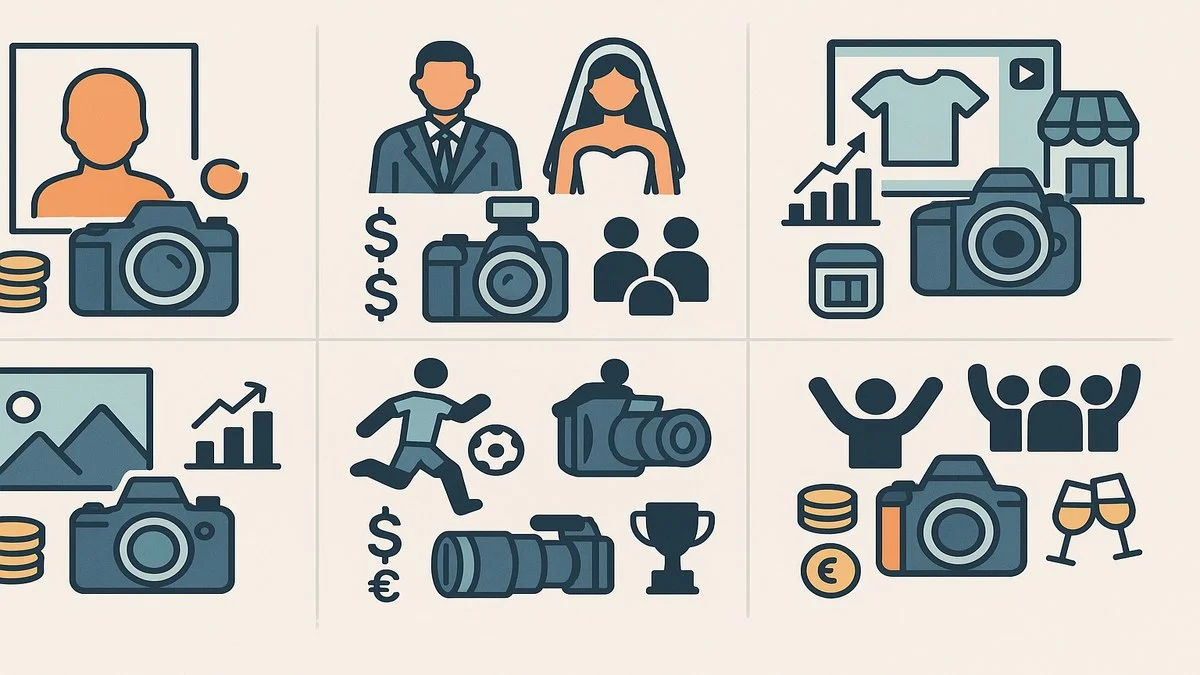 Infografía con los 6 tipos de fotografía profesional en LATAM: especializaciones, ingresos freelance y equipo mínimo requerido