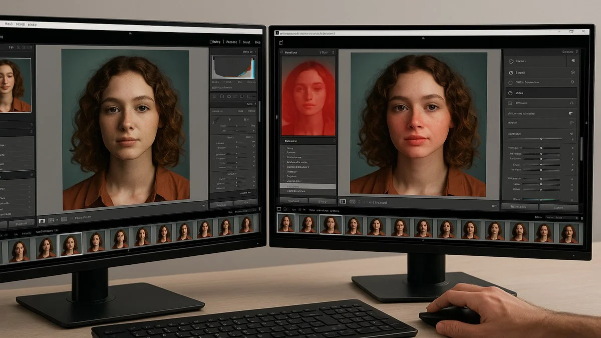 Pantalla de Adobe Lightroom con edición de fotografía de retrato mostrando ajustes de exposición, color y detalle