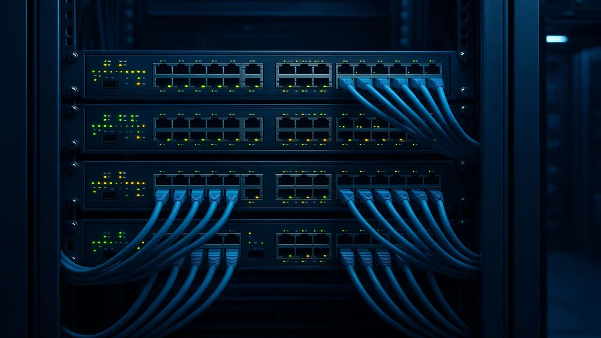 Rack de servidores y switches en data center con cables de red organizados y luces LED de actividad