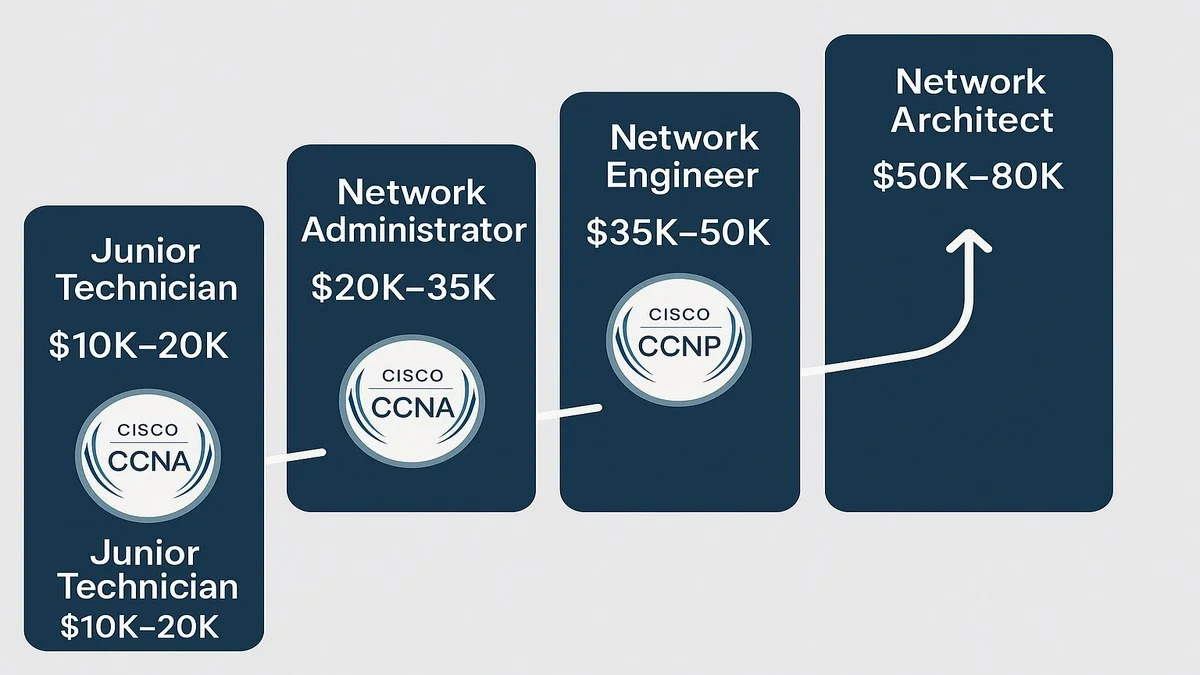 Infografía del camino de carrera en redes informáticas: de técnico junior a arquitecto de redes, con certificaciones CCNA/CCNP y salarios en LATAM