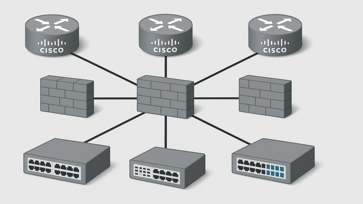 Diagrama de topología de red empresarial con routers Cisco, switches, firewall y conexión a Internet