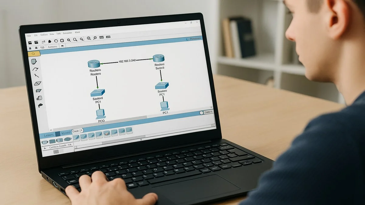 Pantalla de Cisco Packet Tracer mostrando simulación de red con routers y switches configurados