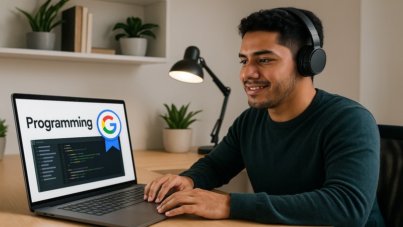 Estudiante mexicano estudiando programaci&oacute;n online con certificaci&oacute;n Google Coursera SEP