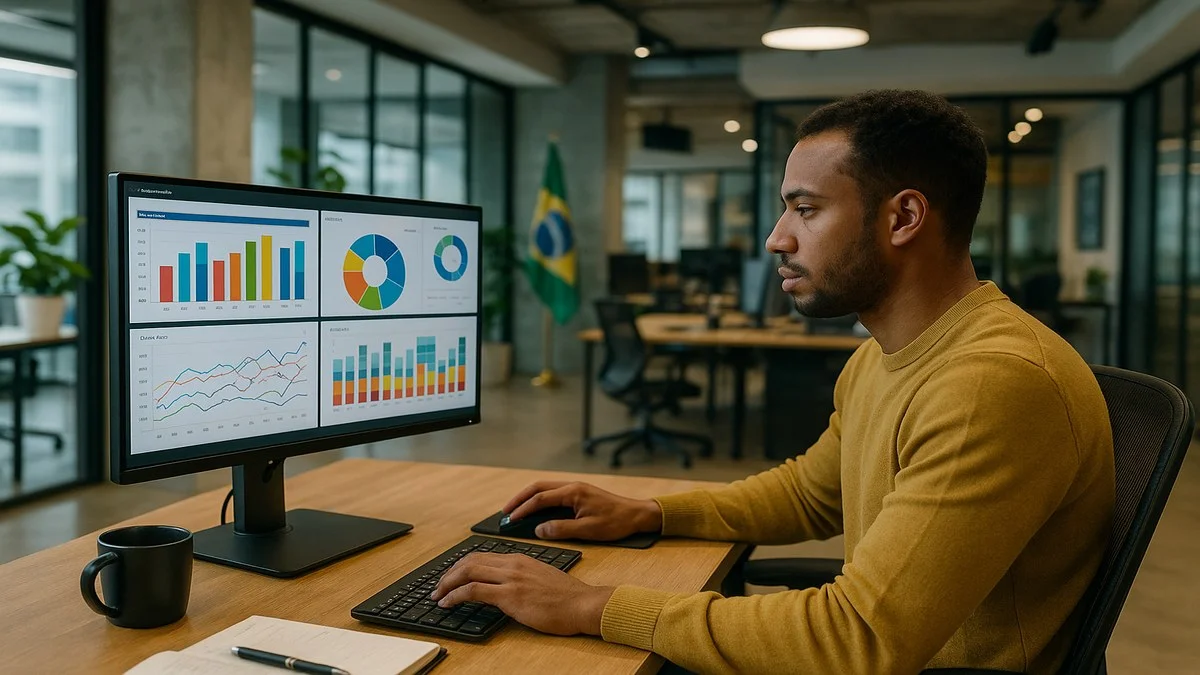 Especialista em marketing digital brasileiro trabalhando com análise de dados de campanhas — curso com saída profissional
