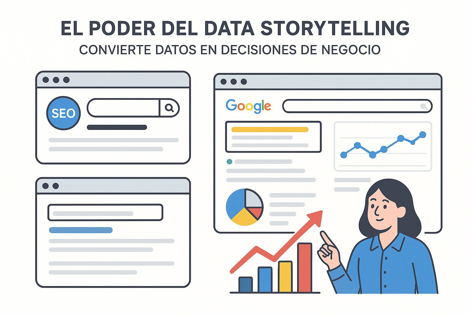 Persona analizando gráficos y datos, construyendo una narrativa visual