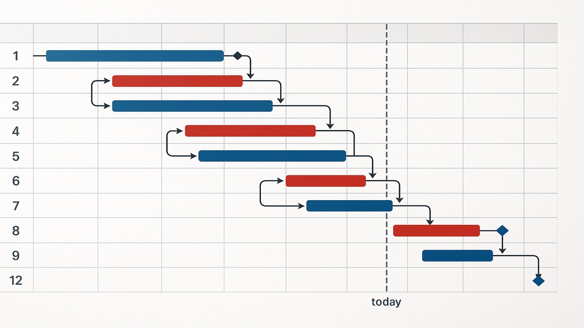 Diagrama de Gantt detallado con 12 tareas, dependencias, hitos y ruta crítica marcada en rojo, escala mensual