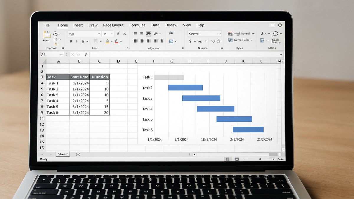 Gantt creado en Microsoft Excel con barras de colores, sin plugins, usando gráfico de barras apiladas con fondo transparente