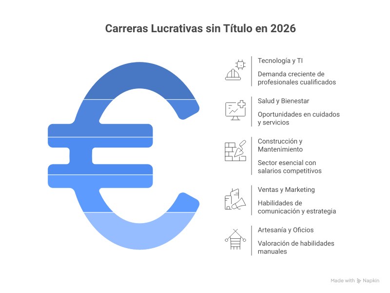 Infográfico mostrando 5 empregos bem pagos sem diploma no Brasil: Técnico em Manutenção, Desenvolvedor, Corretor de Imóveis, Secretário Administrativo com IA, e Técnico em Logística, com seus salários médios.