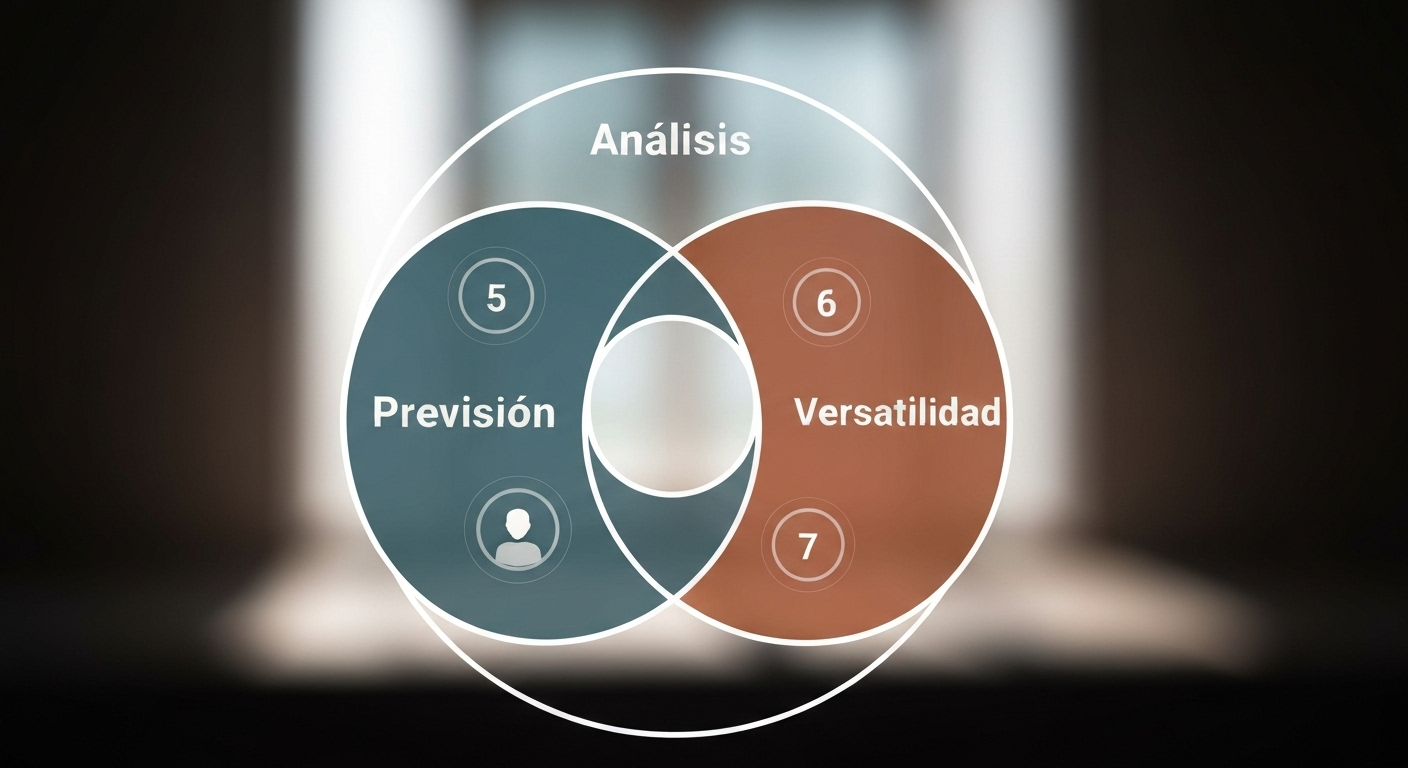 Venn diagram showing the overlap of analysis, forecast, and versatility for Enneagram types 5, 6, and 7.