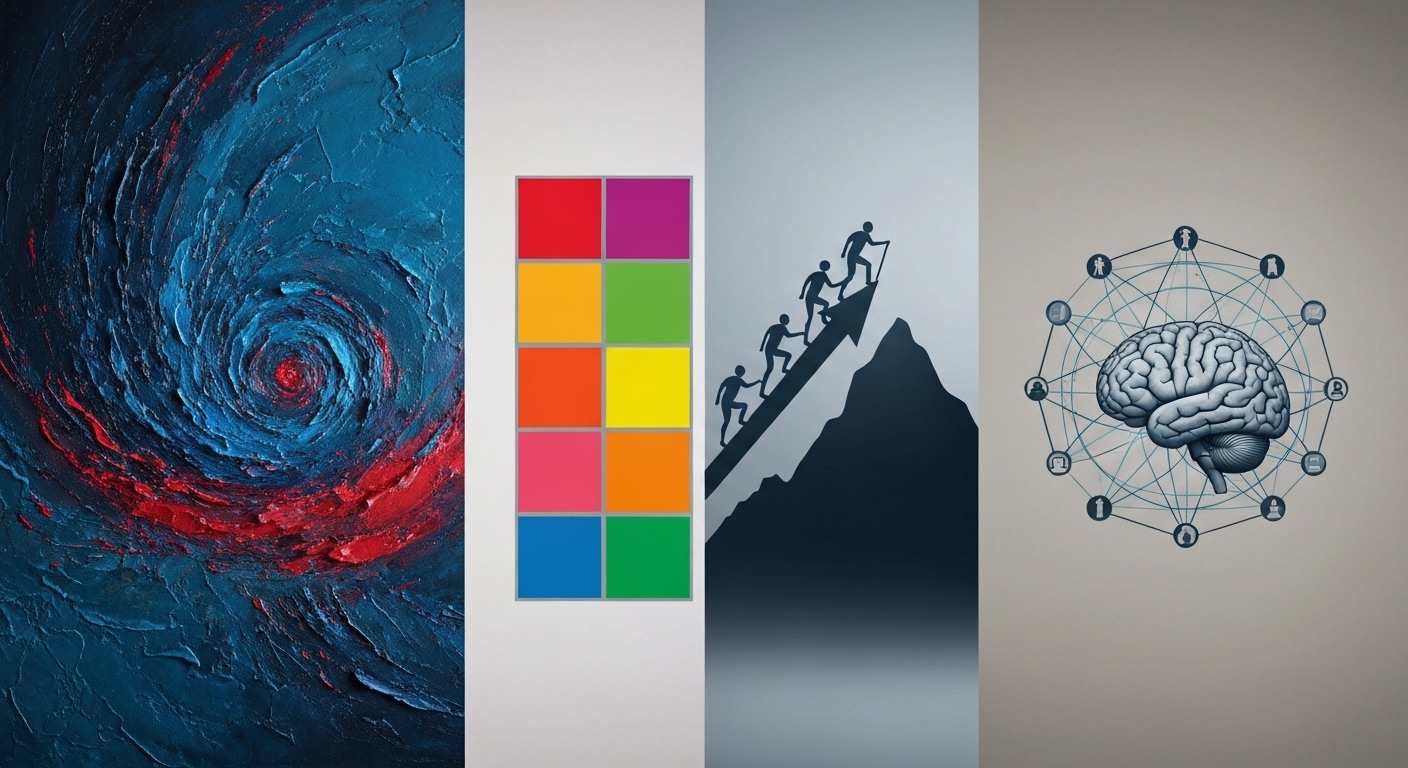 Comparison chart showing four personality theory approaches represented as abstract visuals.