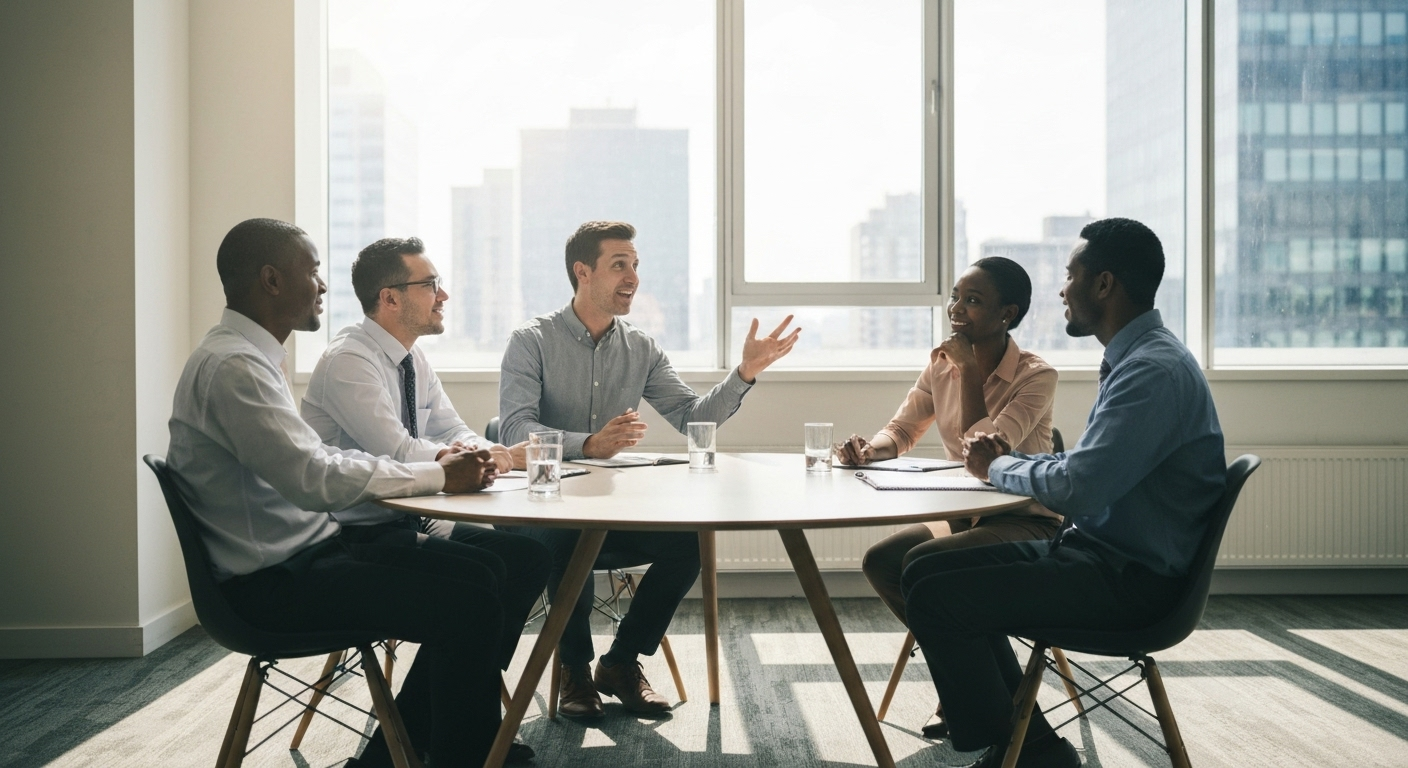 Diverse team in a sunlit office, collaborating, suggesting boosted productivity via emotional intelligence.