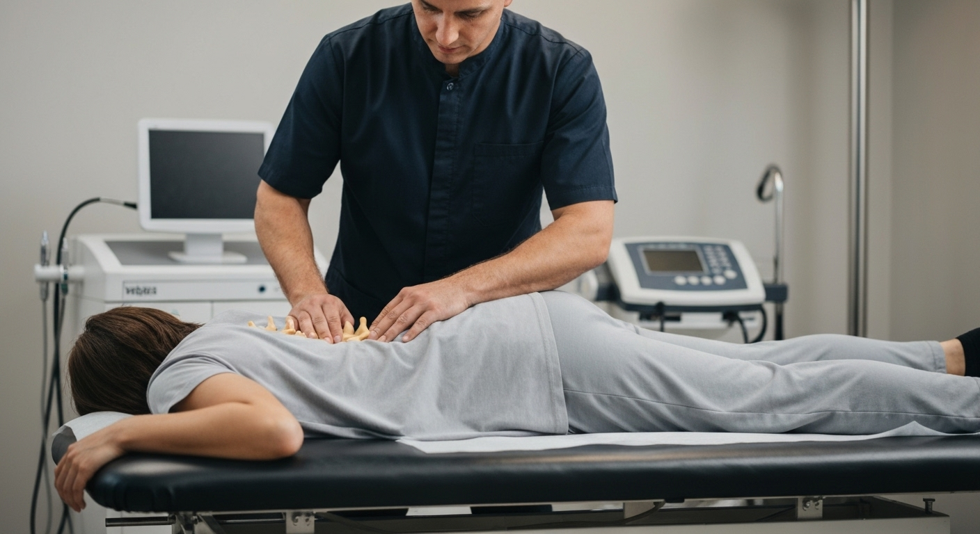 Chiropractor mobilizing a patient's dorsal spine. Medical setting. Focus on spinal manipulation technique.