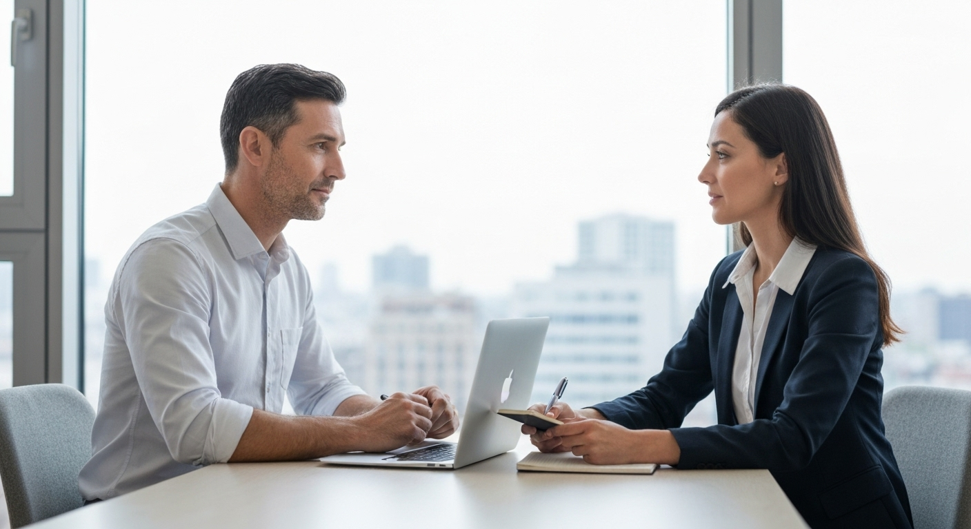 Fintech executive in a coaching session with Elena Torres in a Madrid office.