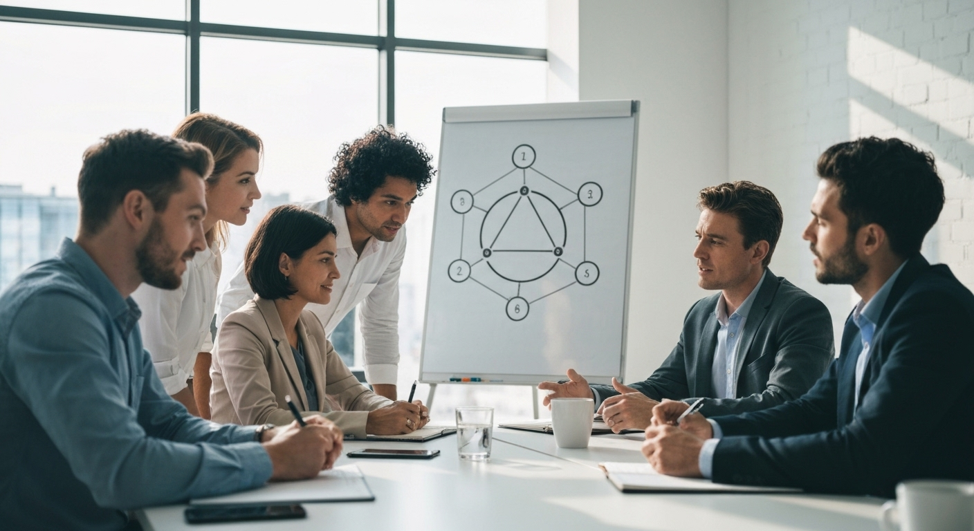 Professionals collaborating in a modern office, discussing an enneagram diagram on a whiteboard.