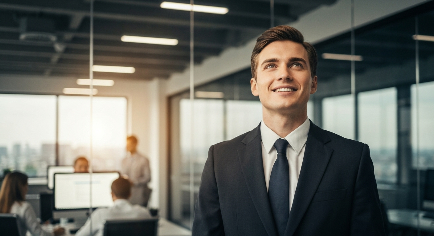A successful business person in a modern office embodying confidence and achievement.