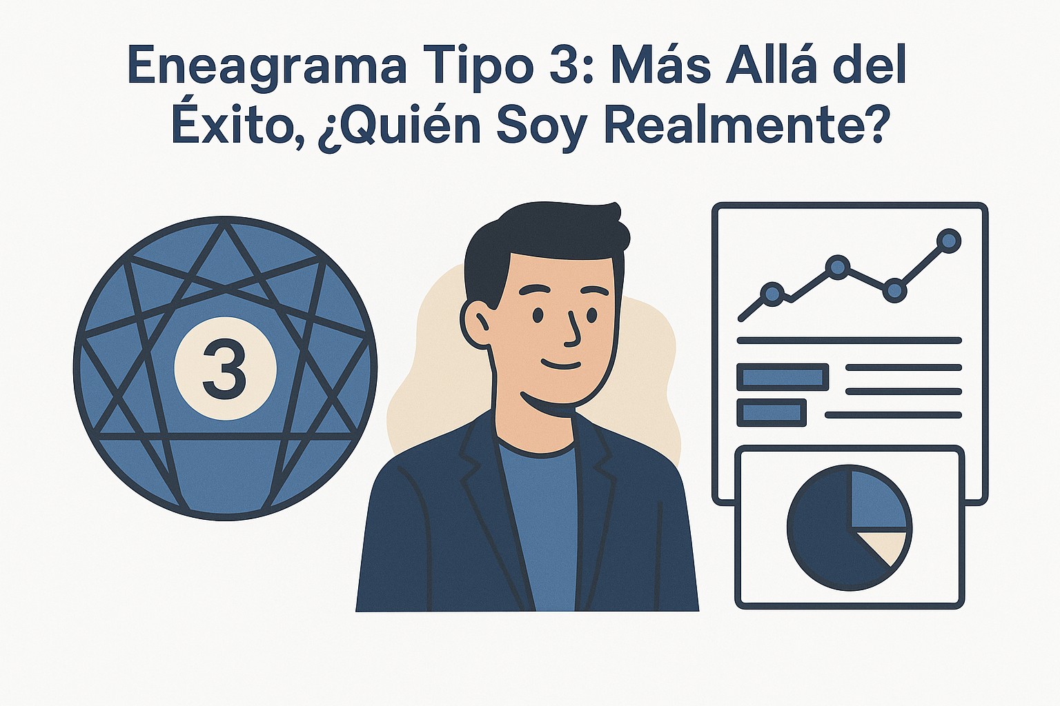 Una persona tipo 3 celebrando un éxito profesional en un entorno moderno y elegante, pero con una sombra de introspección y cuestionamiento en su rostro.