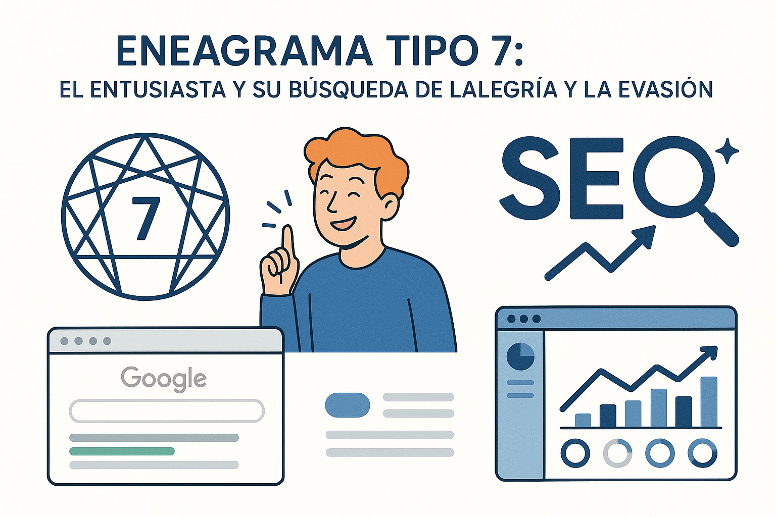 Una persona sonriente y energética rodeada de diversas actividades emocionantes como viajes, música y comida, representando la búsqueda de placer del eneagrama tipo 7.