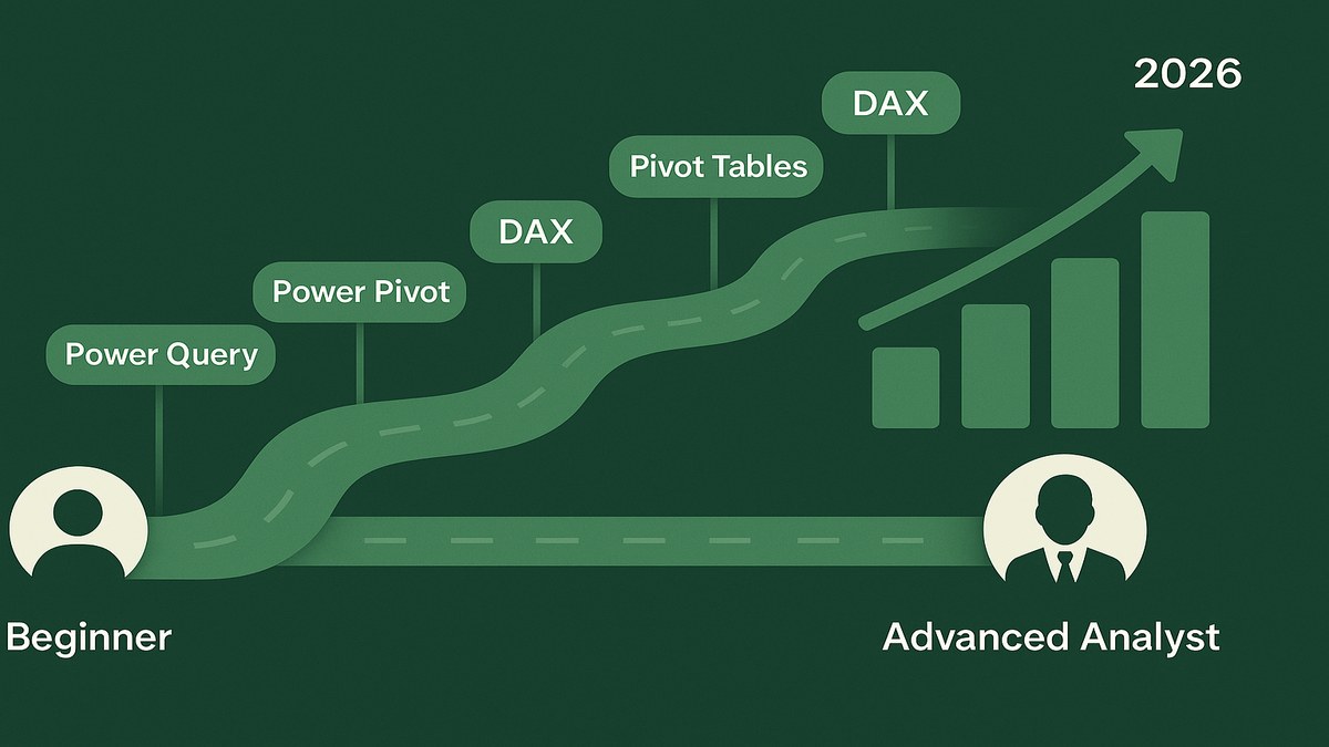 Infografía: stack de Excel avanzado para análisis de datos en 2026 — Power Query, Power Pivot, DAX, tablas dinámicas y XLOOKUP con casos de uso por sector en LATAM