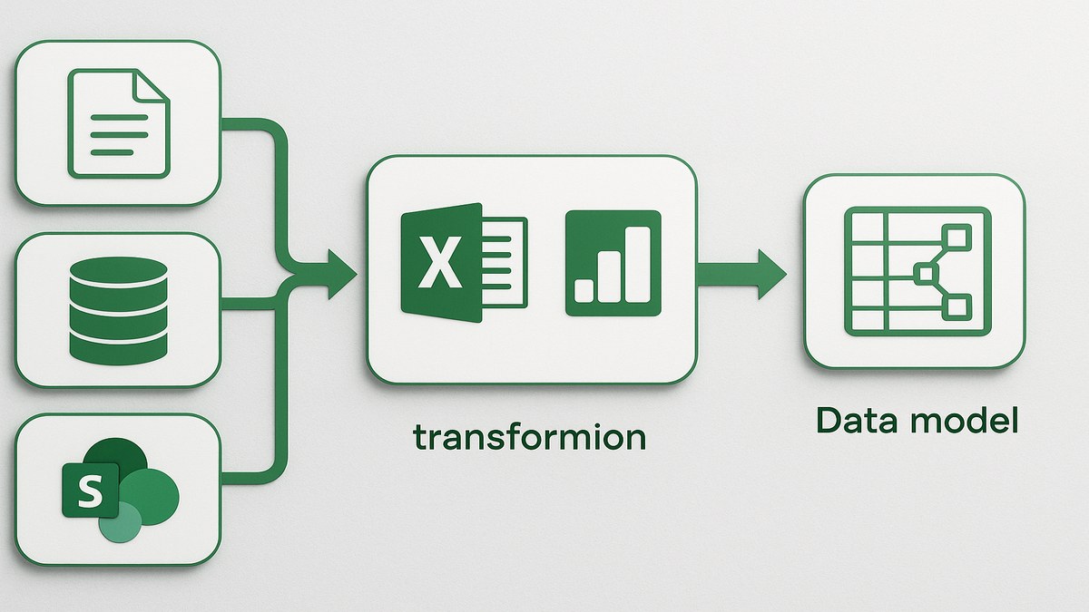 Diagrama del flujo ETL de Power Query en Excel: conexión a fuentes de datos CSV, SQL Server y SharePoint, pasos de transformación en Lenguaje M y carga al modelo Power Pivot