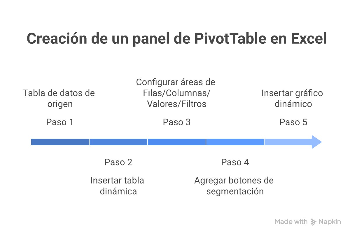 Infografía con flujo de trabajo de tabla dinámica en Excel: datos fuente, insertar tabla, configurar áreas filas-columnas-valores-filtros, agregar segmentación, crear gráfico dinámico