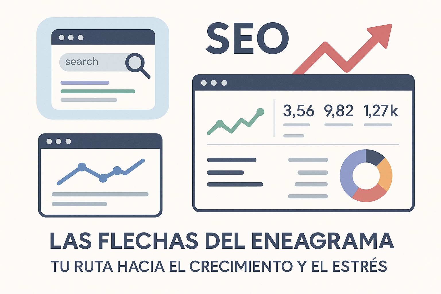 Ilustración dinámica de personas con flechas de crecimiento y estrés, mostrando las interacciones de los eneatipos