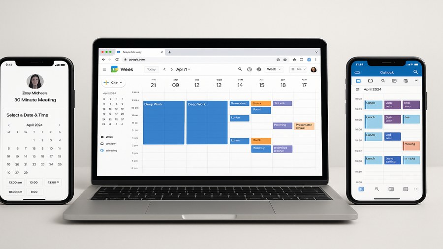 Pantallas de Calendly, Google Calendar y Outlook mostrando sincronización de calendarios para gestión de agenda ejecutivos