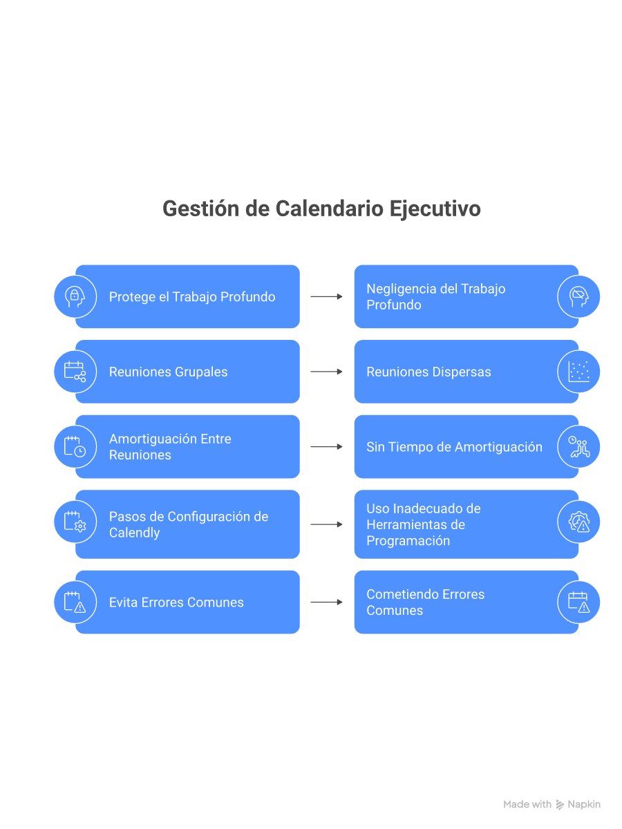 Infografía de gestión de agenda ejecutivos: principios clave, sistema semanal y errores a evitar para asistentes ejecutivas