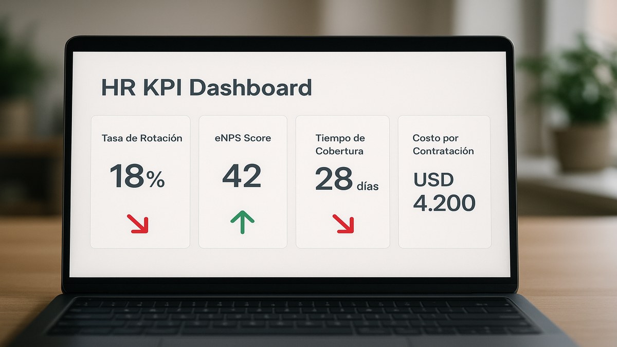 Dashboard de KPIs de RRHH con tasa de rotación, eNPS, tiempo de cobertura y costos de contratación en gráficos