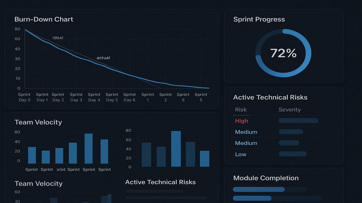 Dashboard de seguimiento de proyecto TI con métricas de velocidad del equipo, burn-down chart y estado de riesgos técnicos