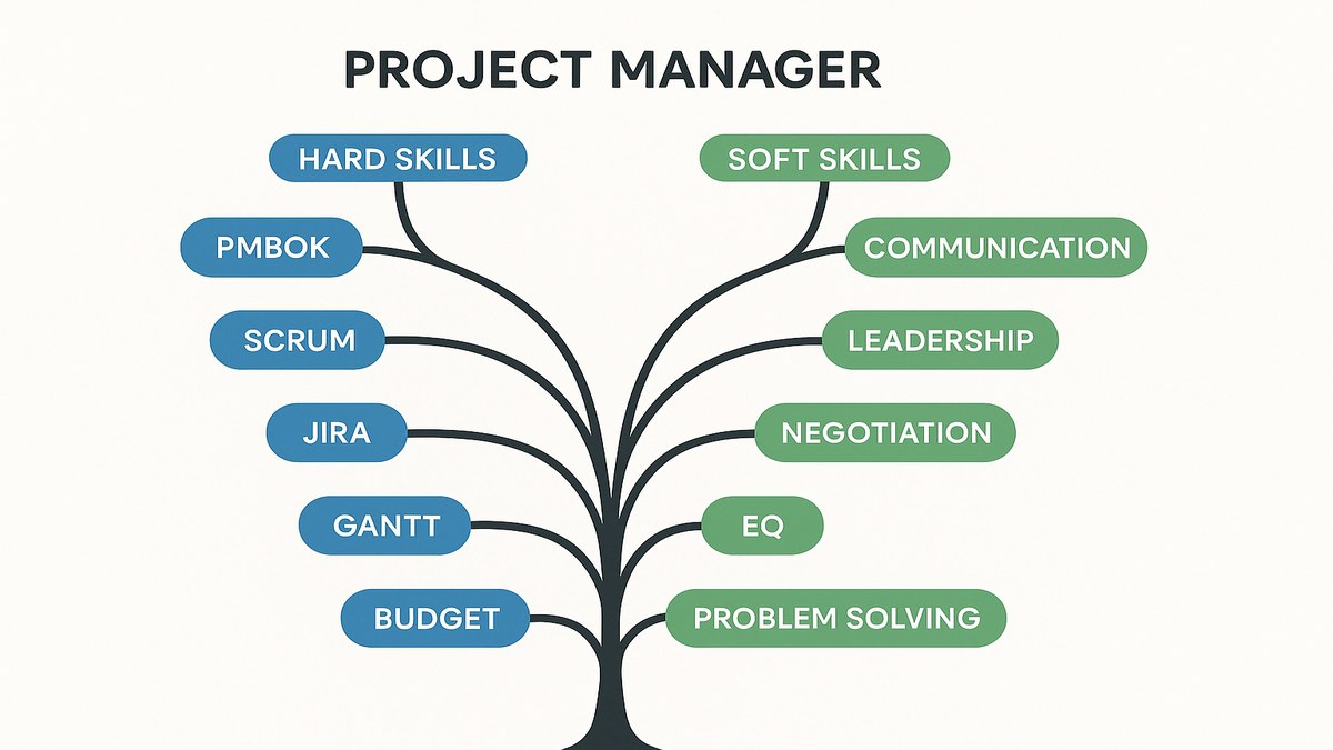 Árbol de habilidades del Project Manager: habilidades técnicas PM, herramientas, metodologías y soft skills en diagrama